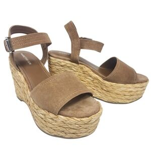 Marc Fisher Womens Tan Suede Raffia Platform Wedge Sandals Size 9M NEW